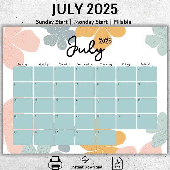 EDITABLE July 2025 Calendar 2025 July Planner Monthly Schedule 