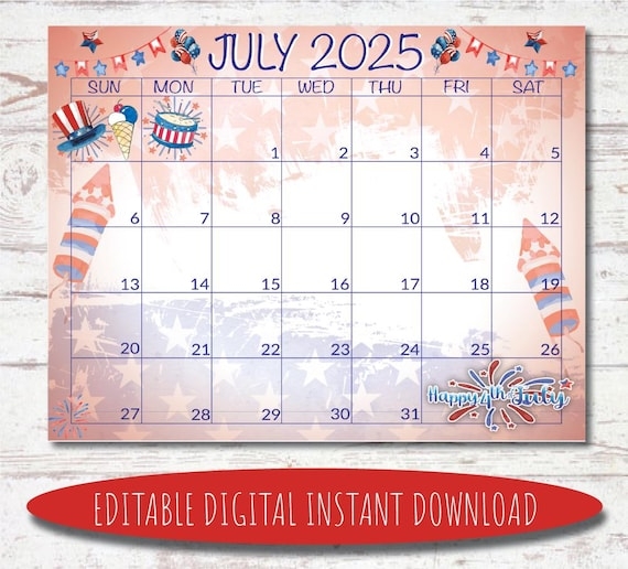 Editable July 2025 Calendar Digital Calendar Printable 