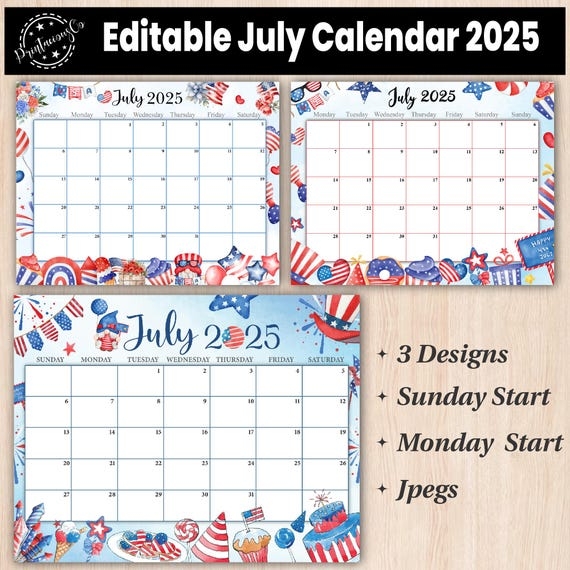 Editable July 2025 Calendar Printable Wall Calendar 2025 Fillable Monthly Planner Monday Start Kids Calendar 2025 Etsy Canada