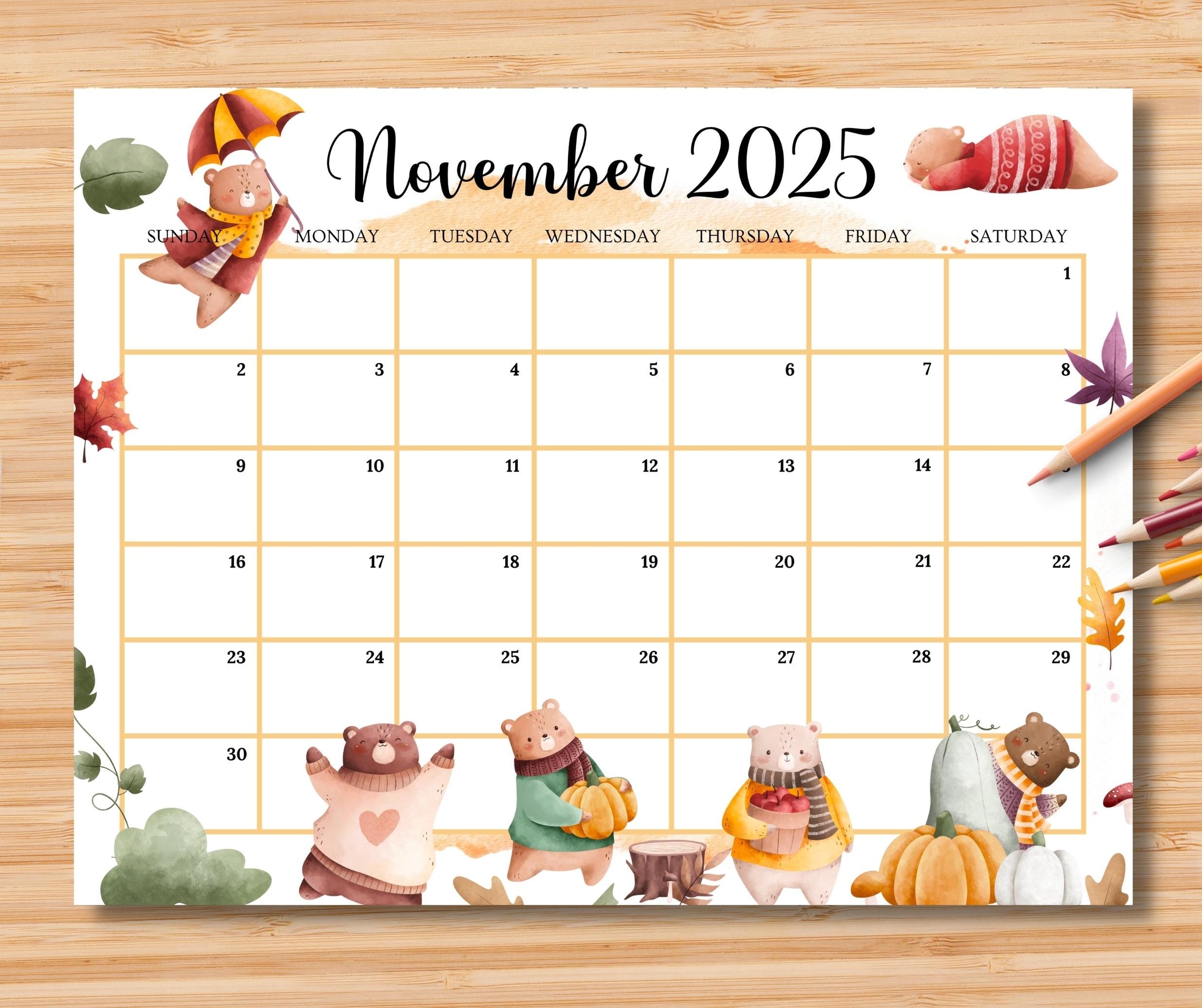 Free Printable November 2025 Calendar Cute