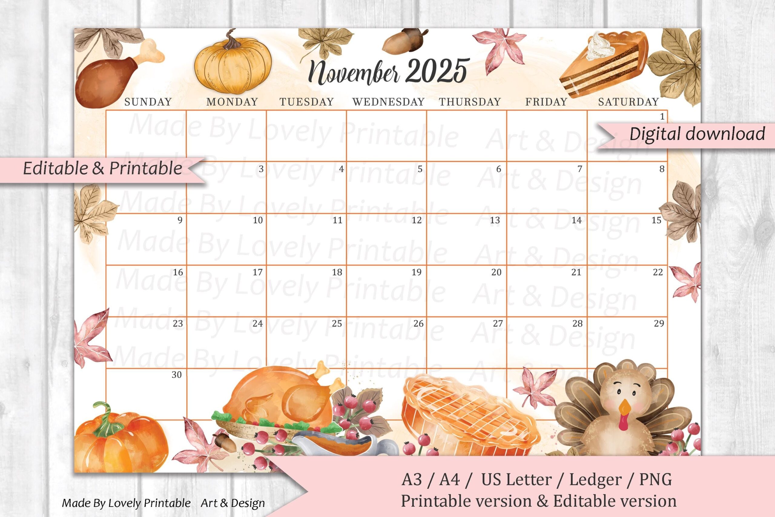 EDITABLE November 2025 Calendar Watercolor Thanksgiving Day Cute 