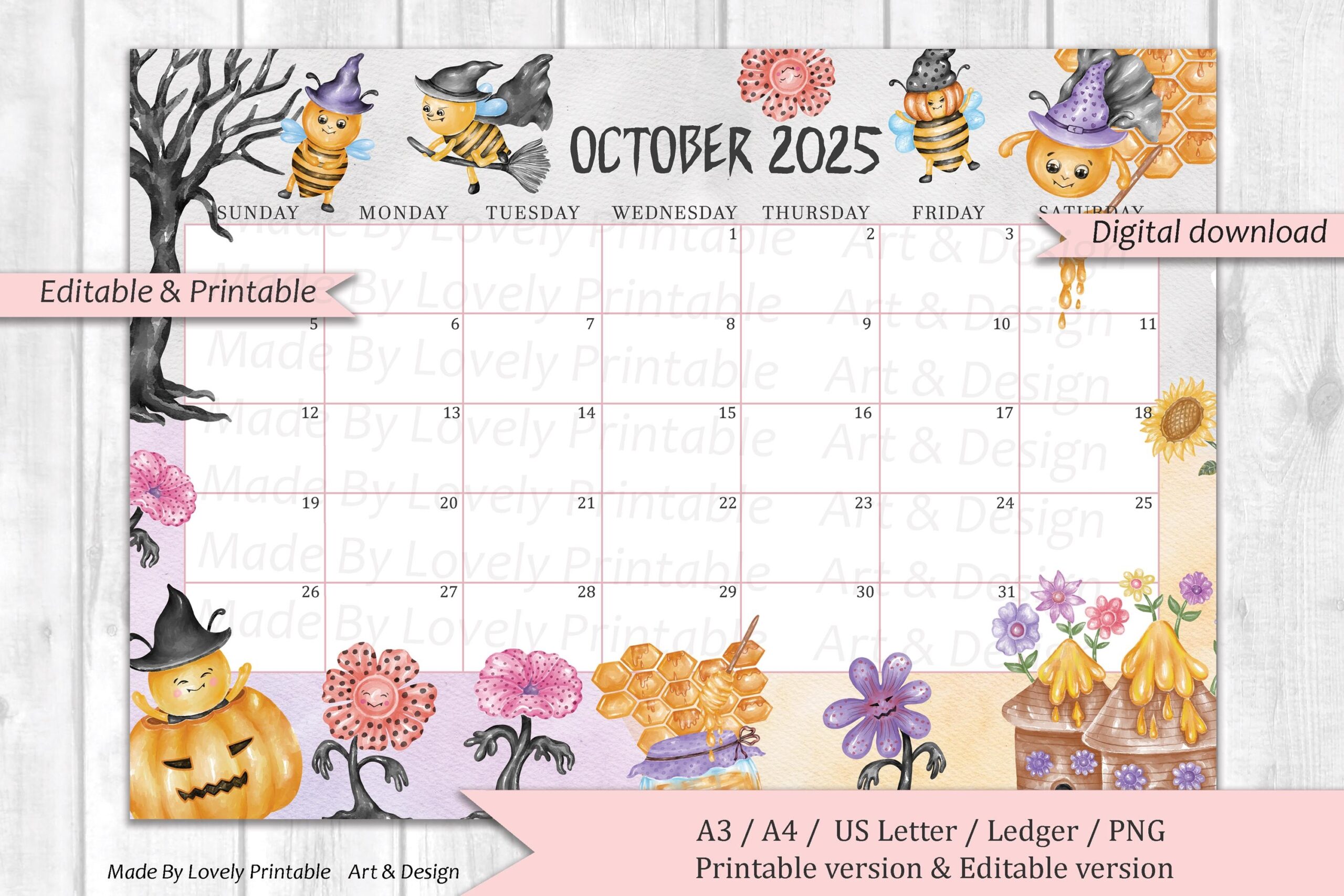 EDITABLE October 2025 Calendar Happy Halloween With Cute Bees Printable Monthly Calendar Planner Kids School Schedule Instant Download Etsy