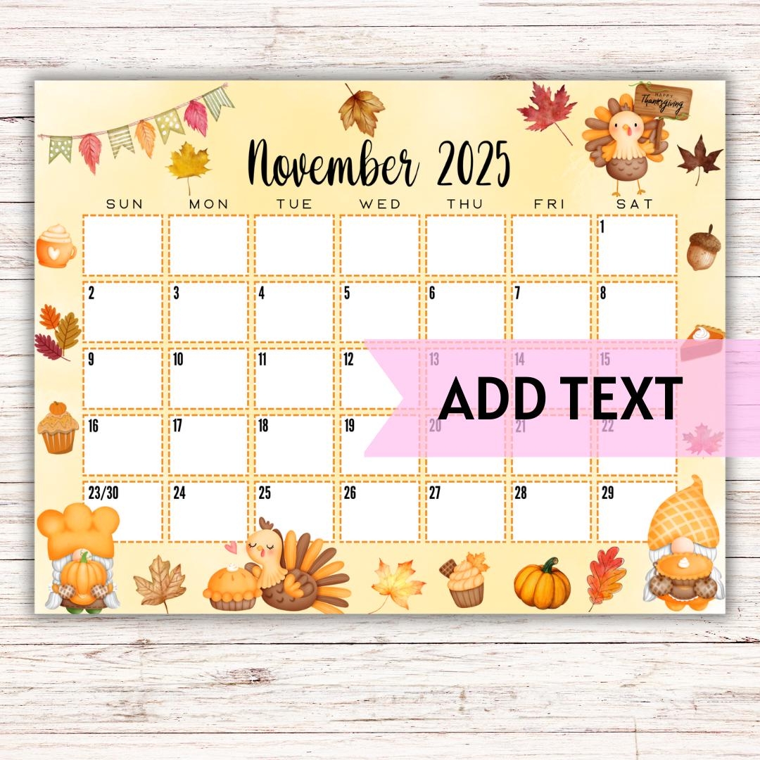 EDITABLE Printable November Calendar 2025 Cute Gnome And 
