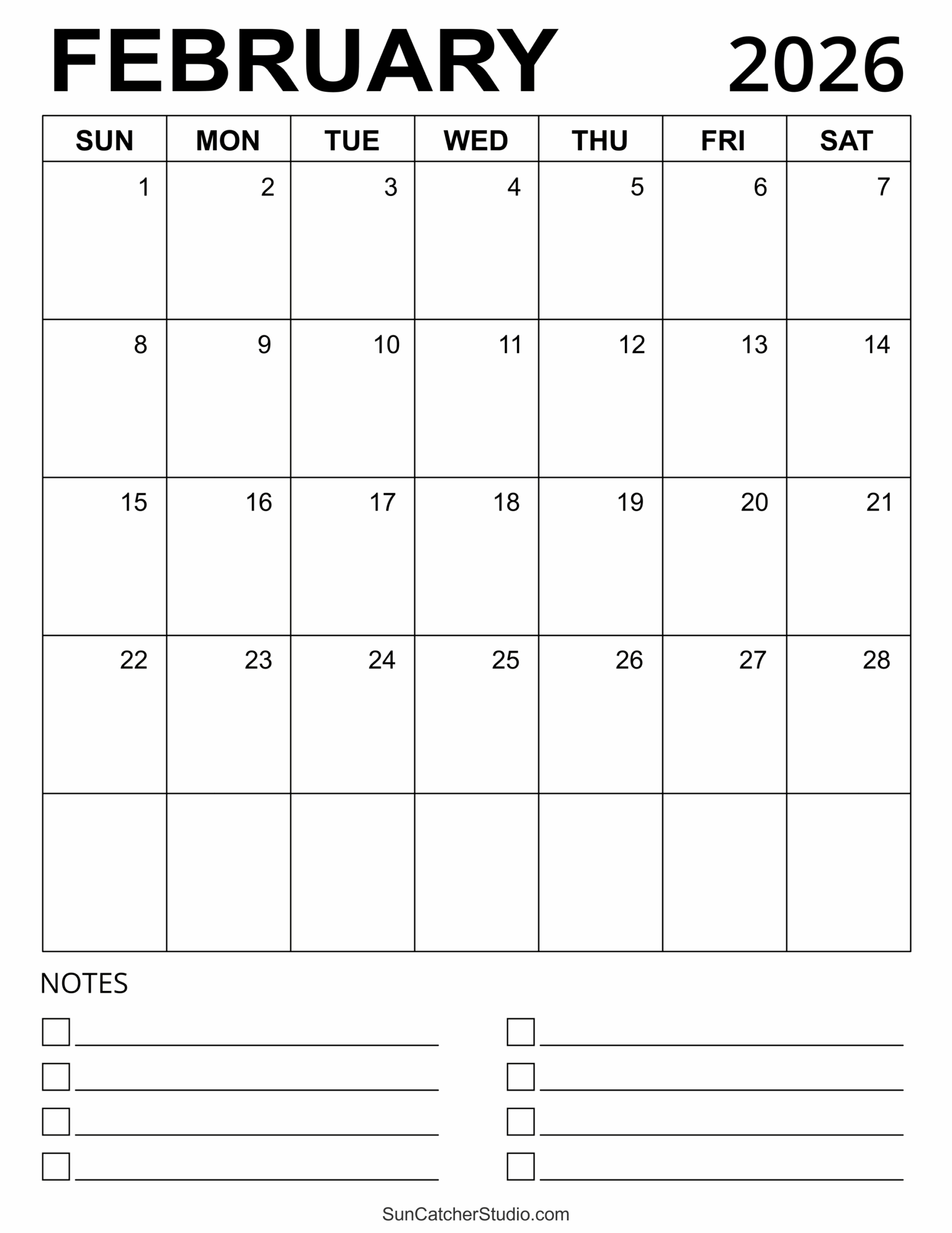 Free Printable 2026 Monthly Calendar With Holidays February
