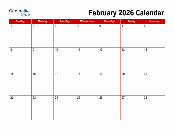 February 2026 Monthly Calendar PDF Word Excel 