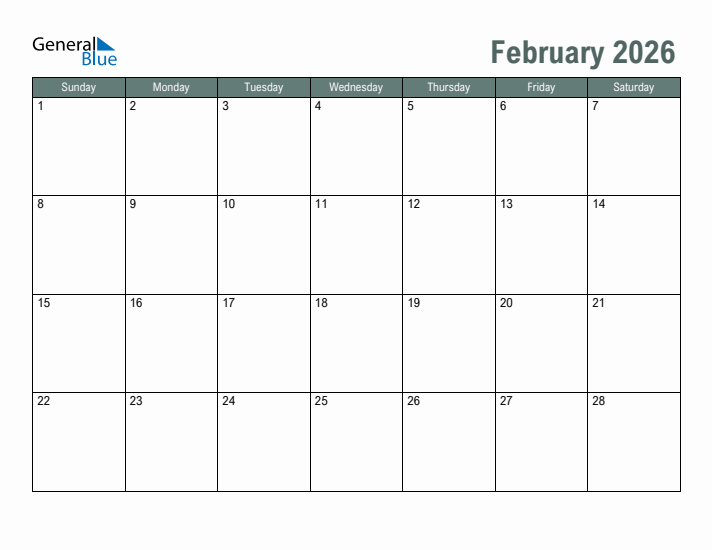 February 2026 Monthly Calendar PDF Word Excel 