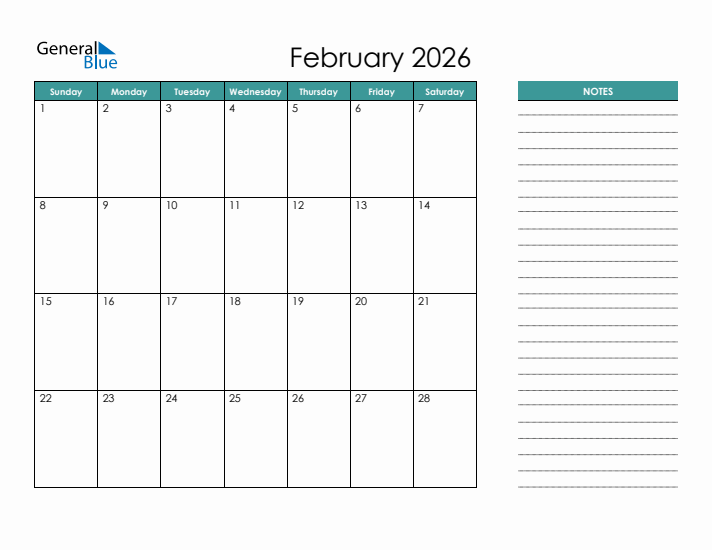 February 2026 Monthly Calendar PDF Word Excel 