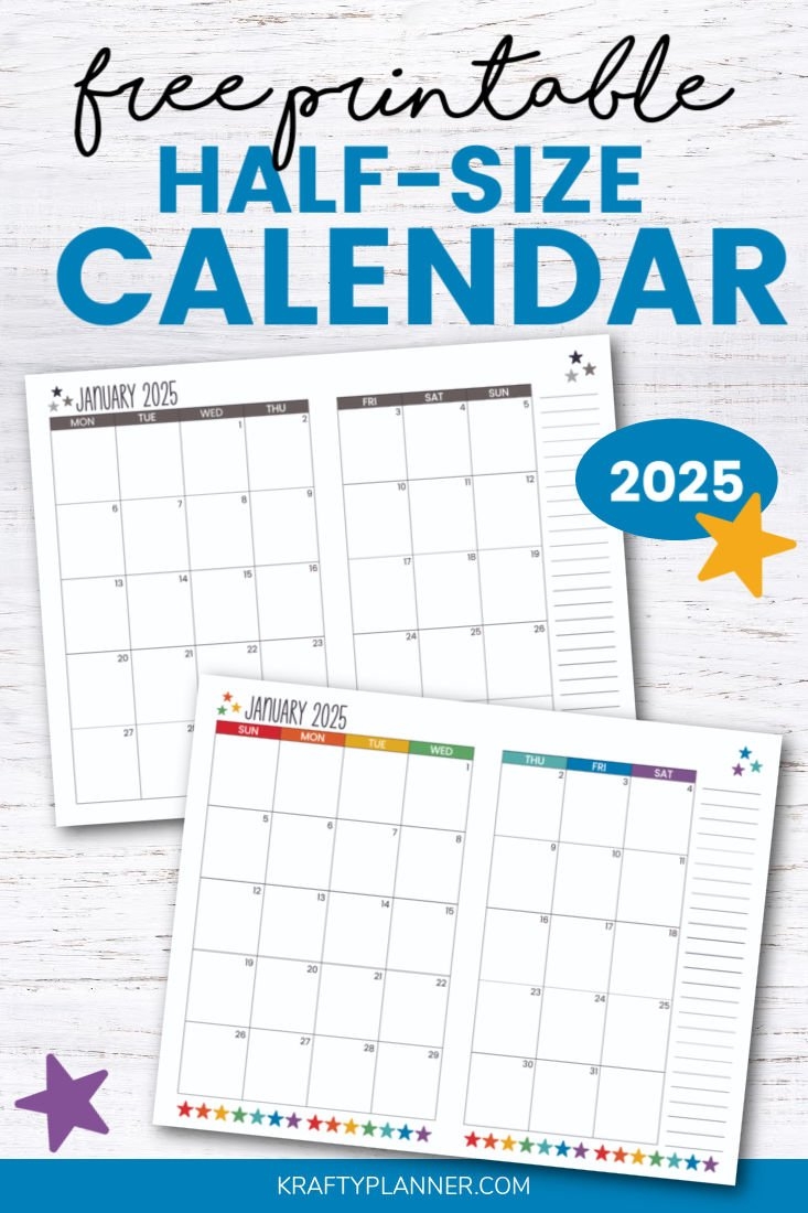 Free 2025 Calendar Half Size Landscape Krafty Planner