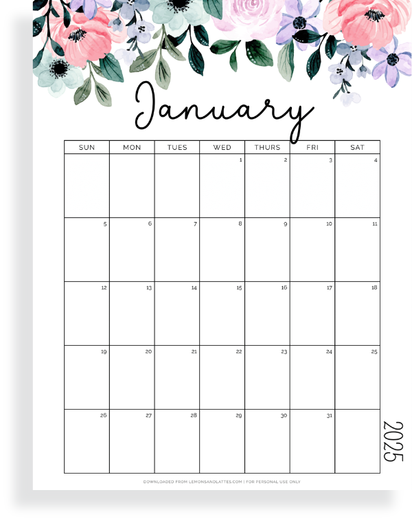 Free Printable 2025 Floral Full Page Calendar