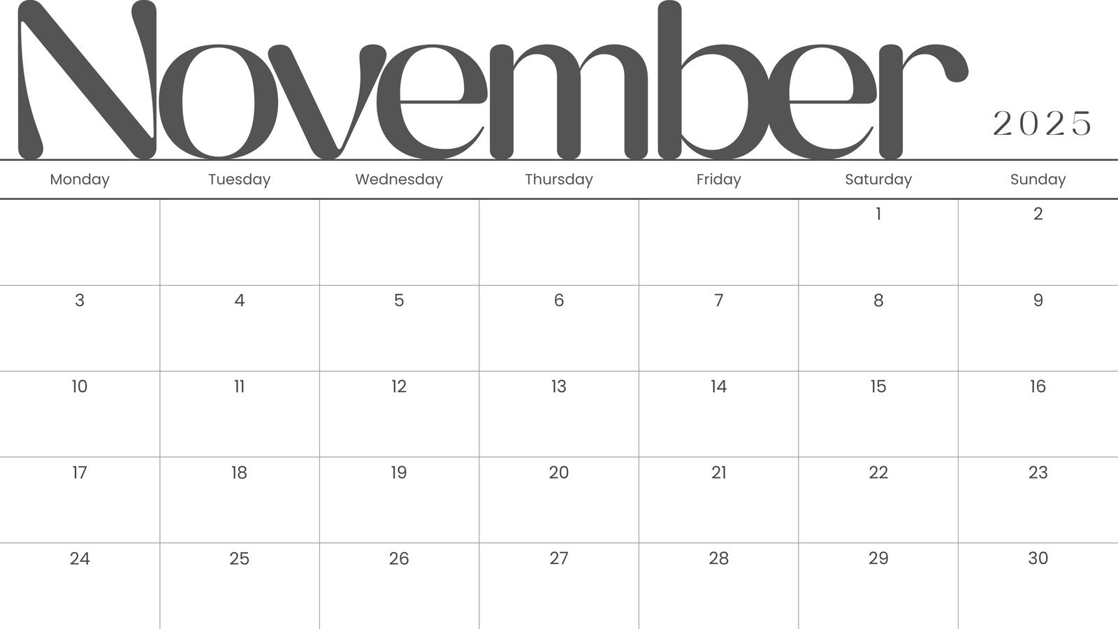 Printable November 2025 Calendar Free