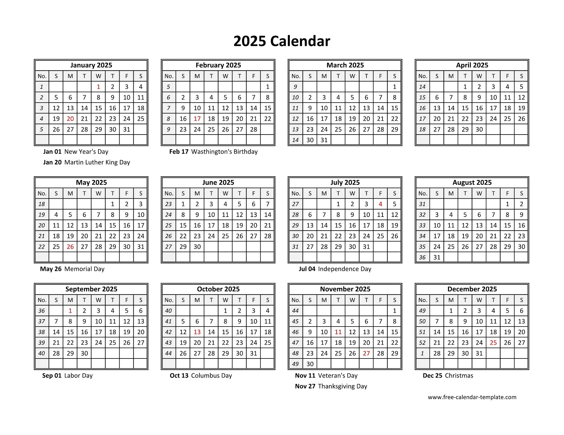 Free Printable Calendar 2025 Word Format