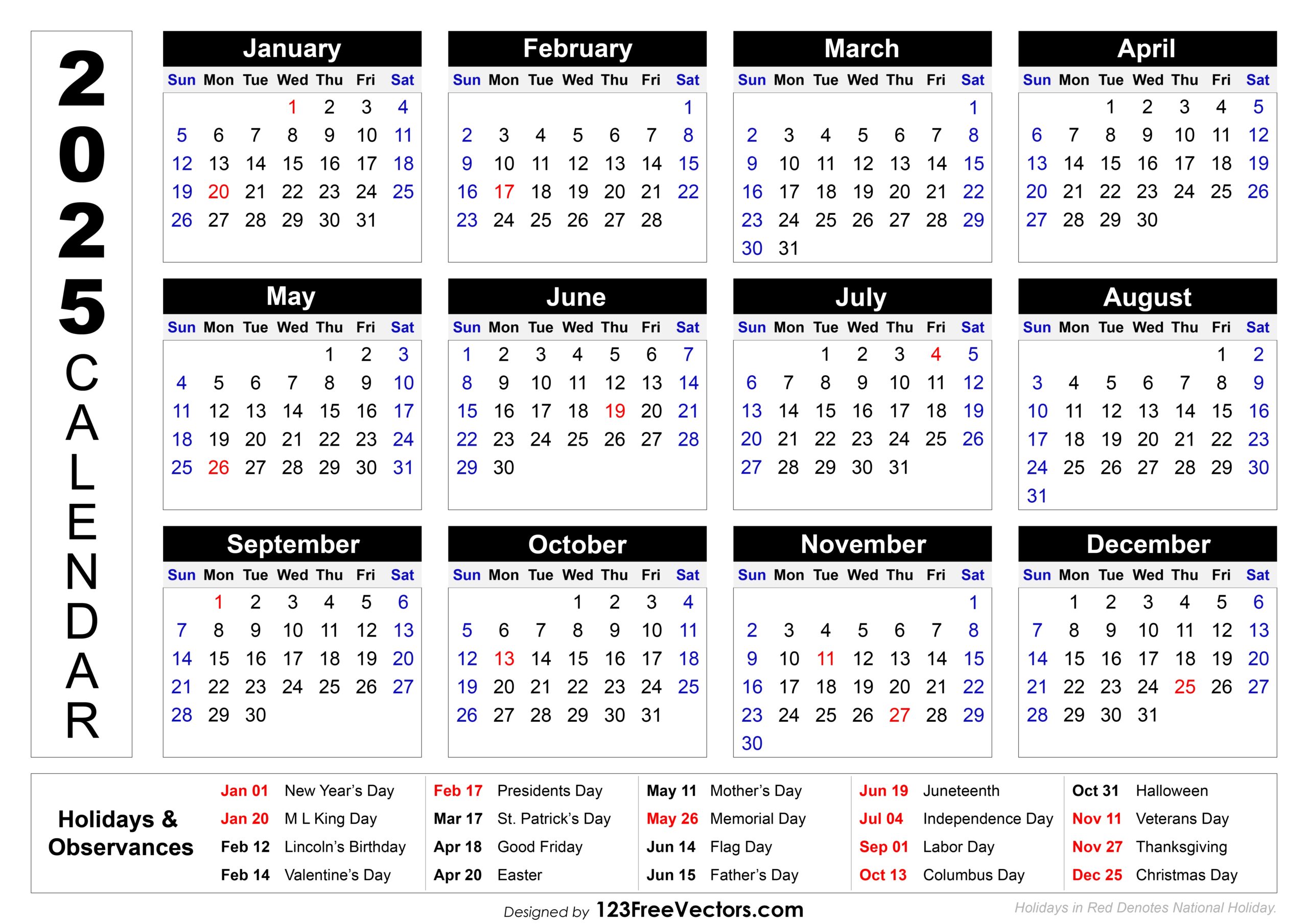 Free Printable Calendar 2025 With Holidays Free Download