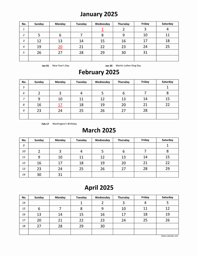 Free Download Printable Calendar 2025 4 Months Per Page 3 Pages vertical 