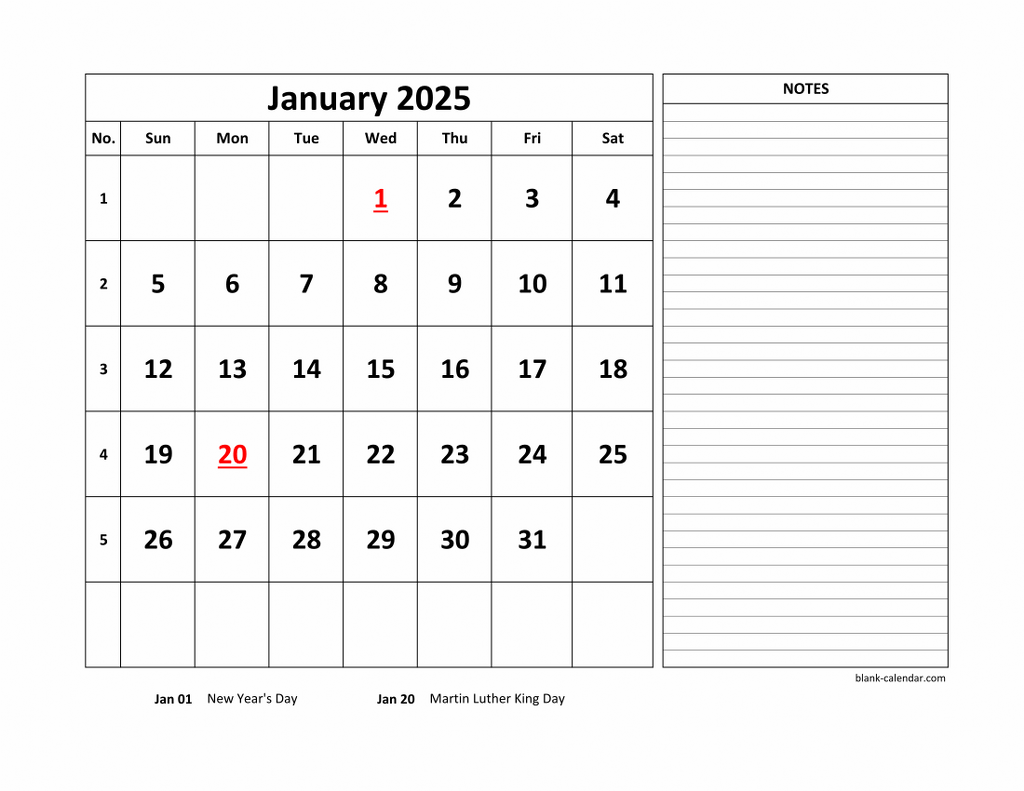 Free Download Printable Calendar 2025 Large Space For Appointment 