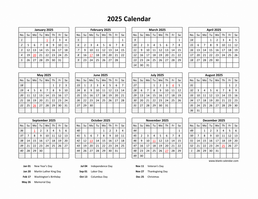 Free Download Printable Calendar 2025 With US Federal Holidays 