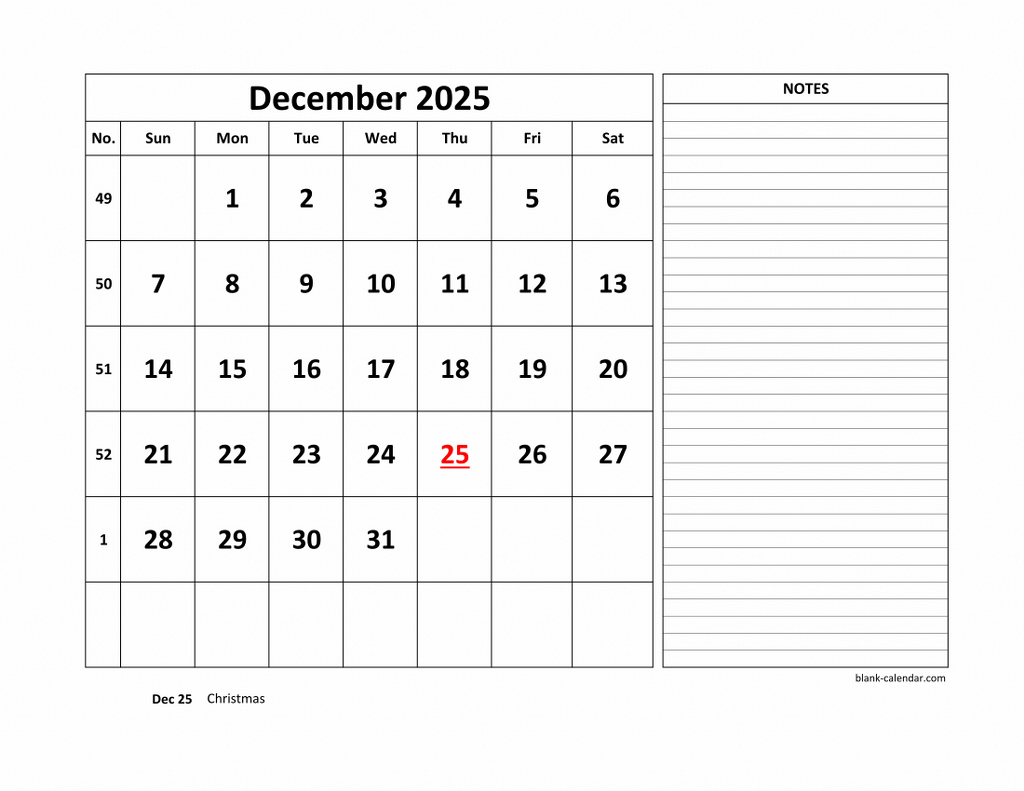 Free Download Printable December 2025 Calendar Large Space For Appointment And Notes