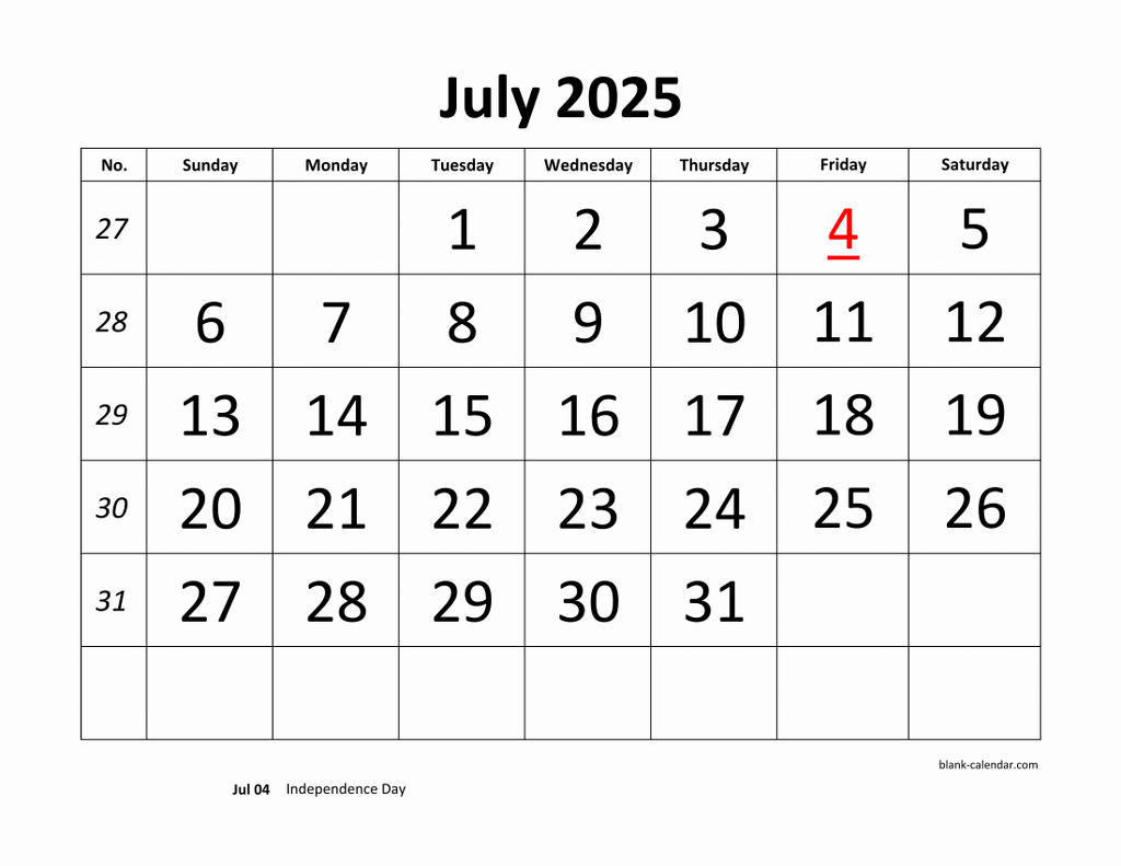 Free Download Printable July 2025 Calendar Large Font Design 