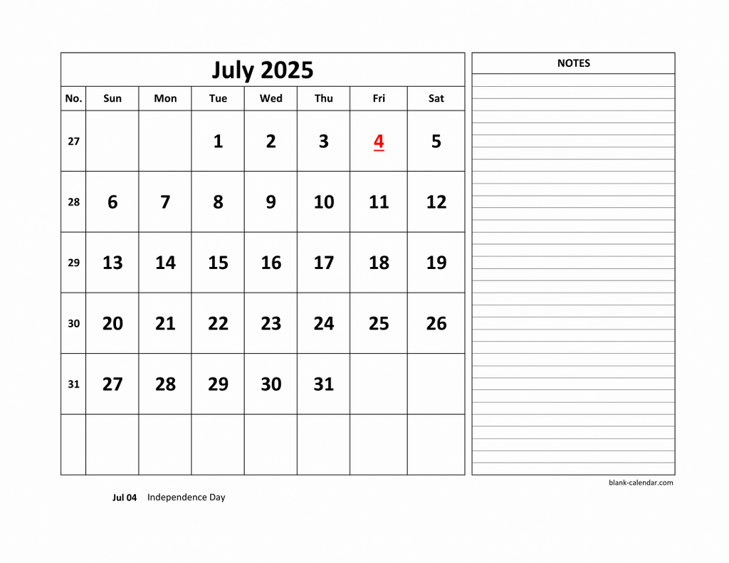 Free Download Printable July 2025 Calendar Large Space For Appointment And Notes