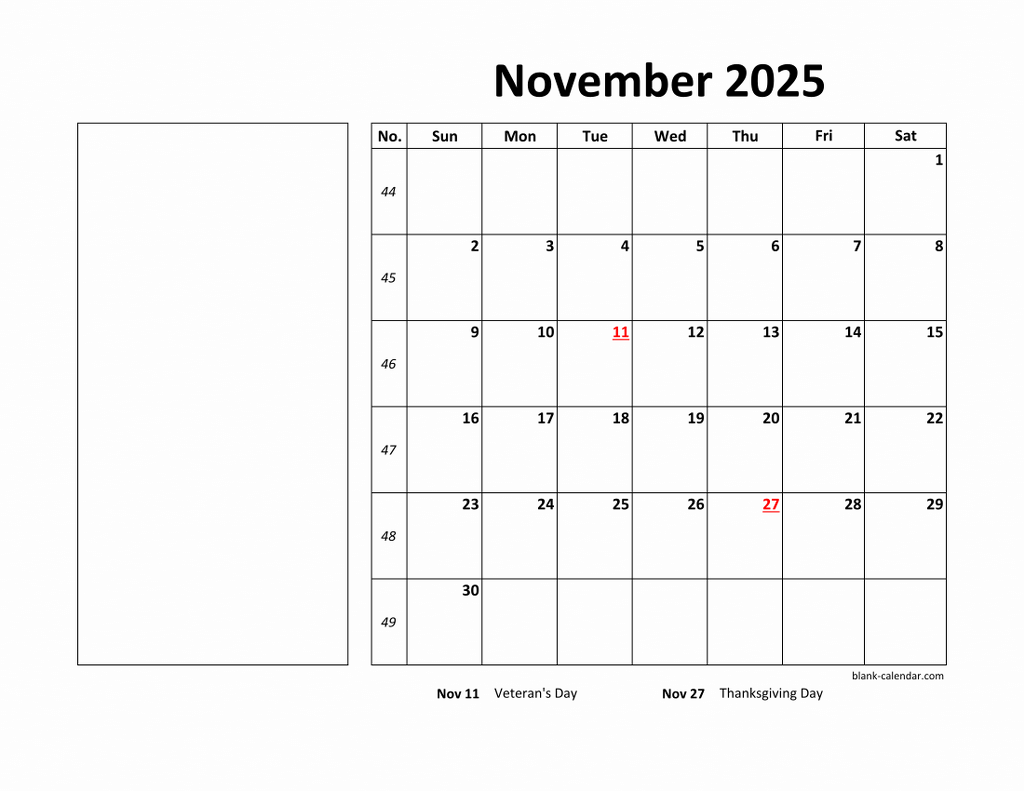 Free Download Printable November 2025 Calendar Large Box Holidays Listed Space For Notes