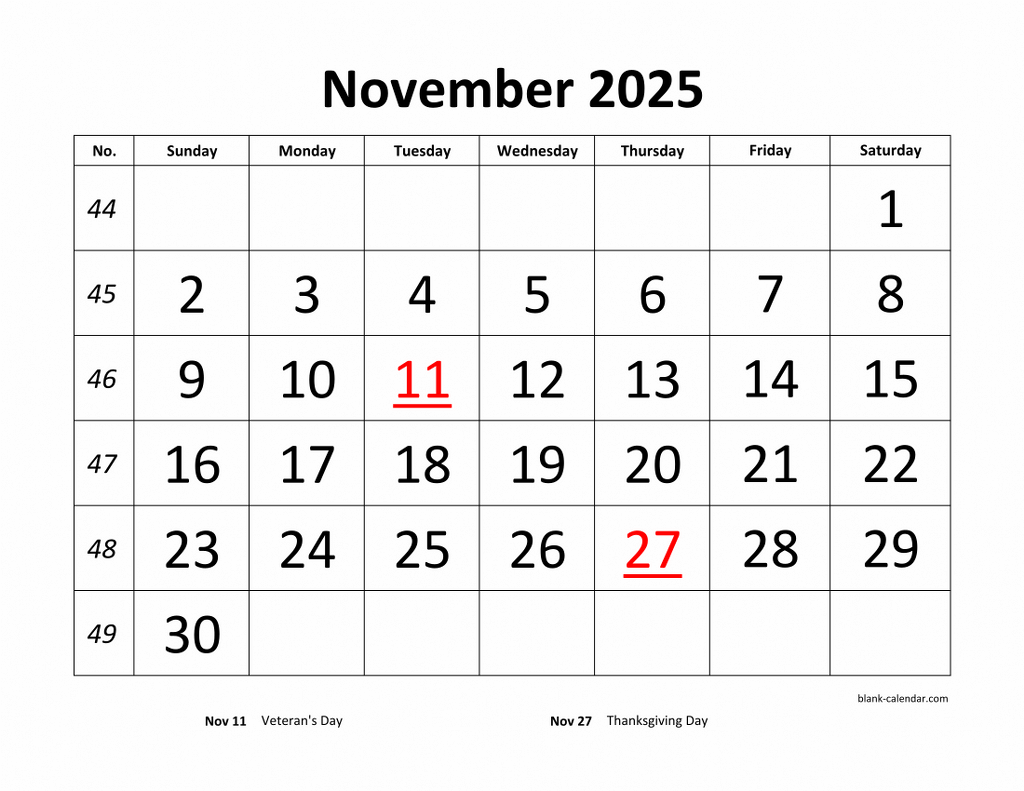 Free Download Printable November 2025 Calendar Large Font Design Holidays On Red
