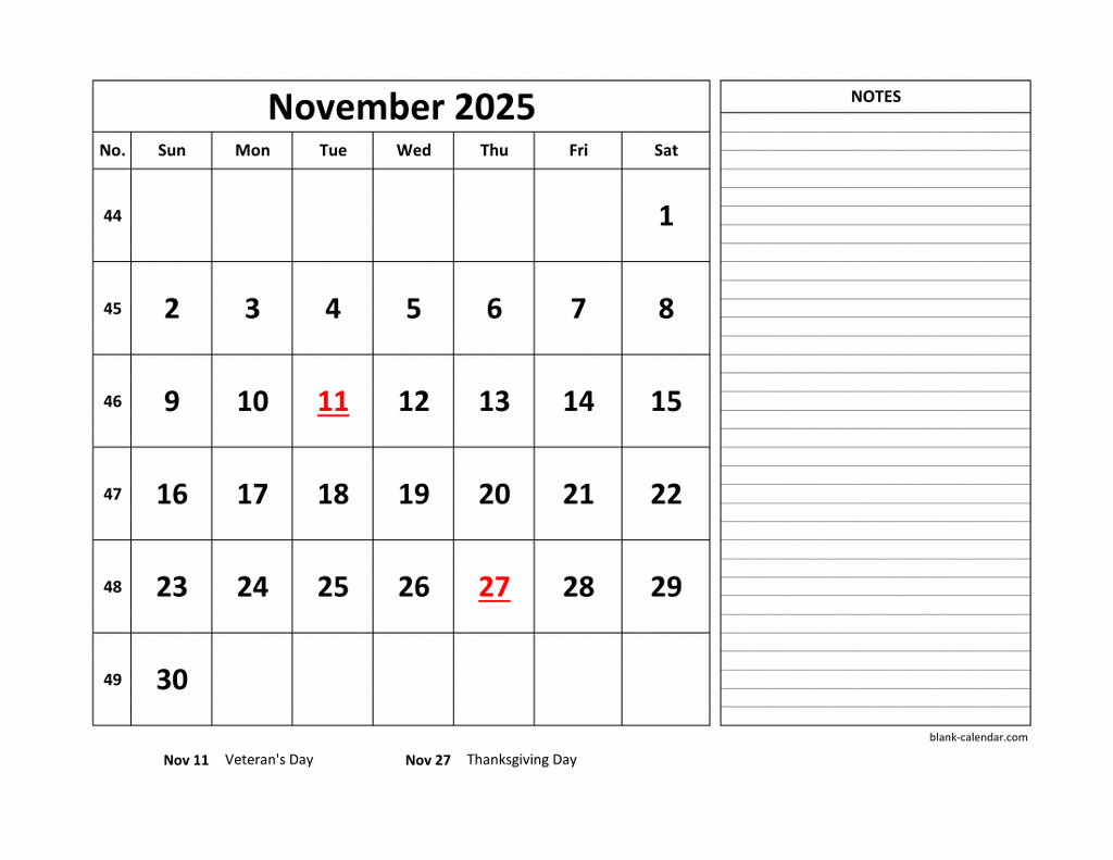 Free Download Printable November 2025 Calendar Large Space For 