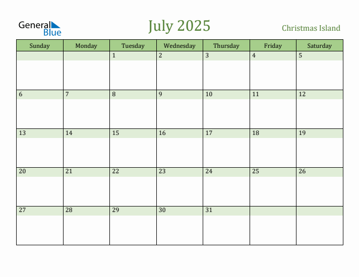 Free July 2025 Christmas Island Calendar