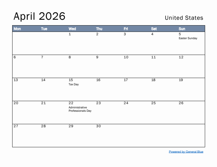 Free Printable 2026 Monthly Calendar With Holidays April