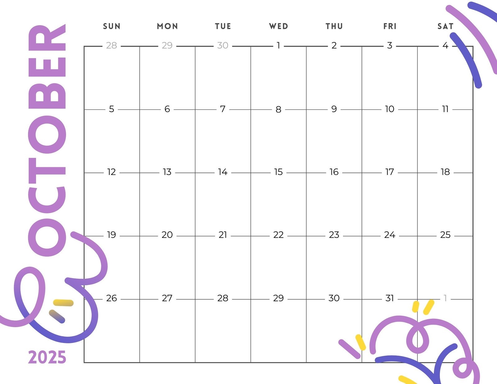 October Calendar 2025 Editable