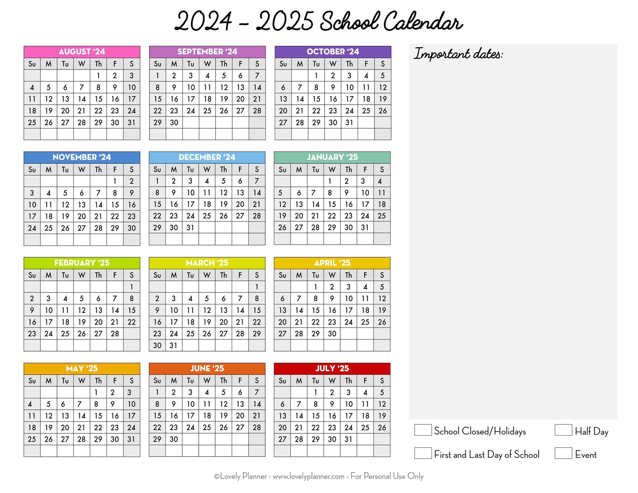 Free Printable 2024 2025 School Calendar One Page Academic 