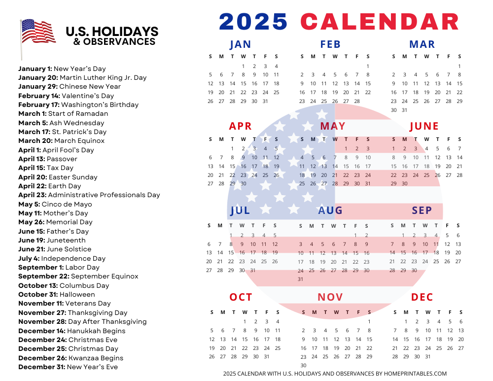 Free Printable Calendar 2025 By Month With Us Holidays