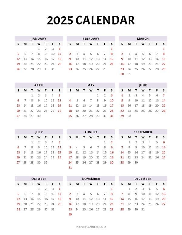Free Printable 2025 Yearly Calendar Template