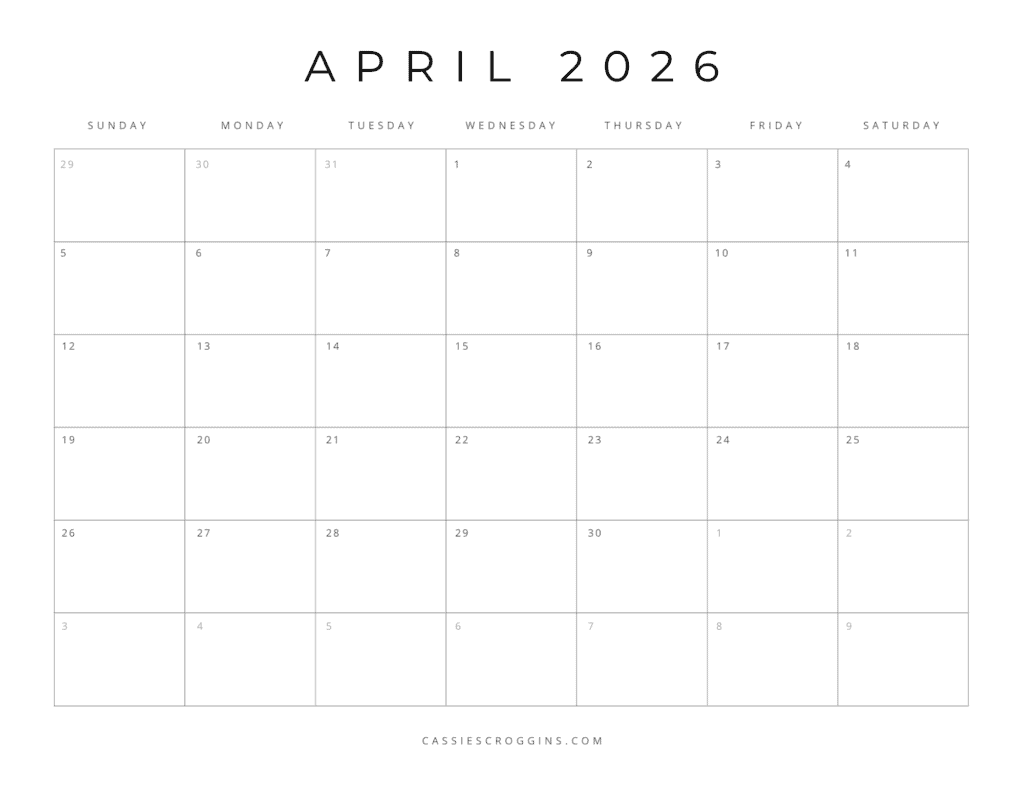 Blank April Calendar 2026 Printable