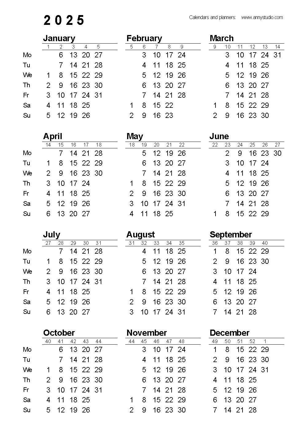 Free Printable Calendar 2025 Grid