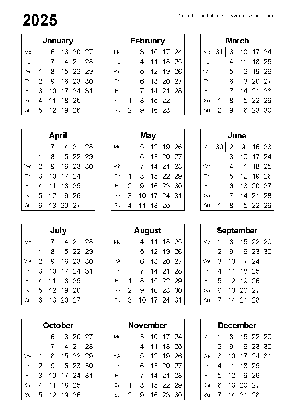 Free Printable Calendar 2025 Half Size