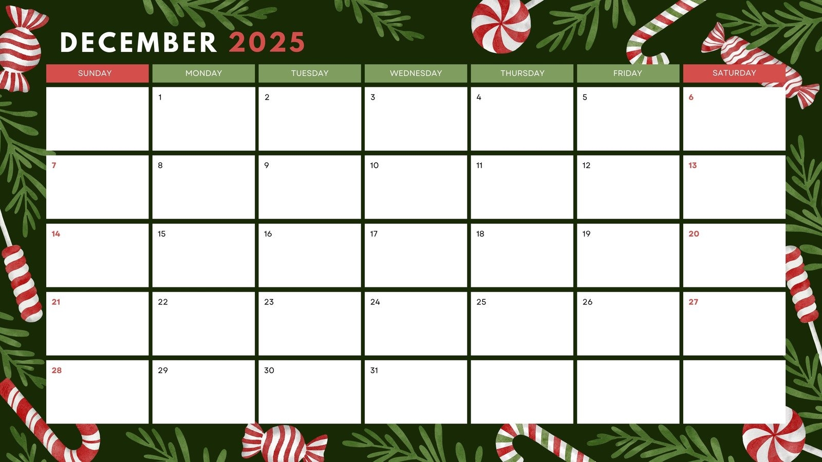 Christmas Themed December 2025 Printable Calendar