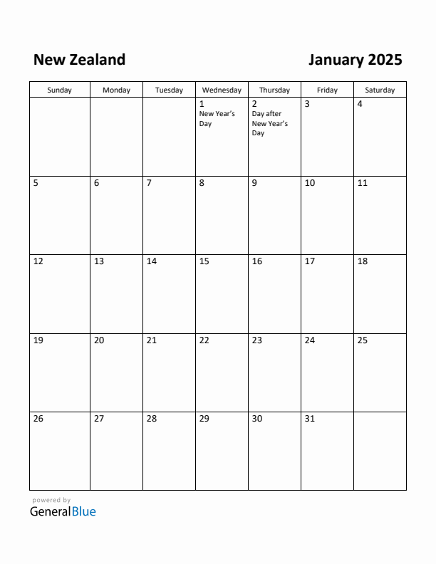 Free Printable January 2025 Calendar For New Zealand