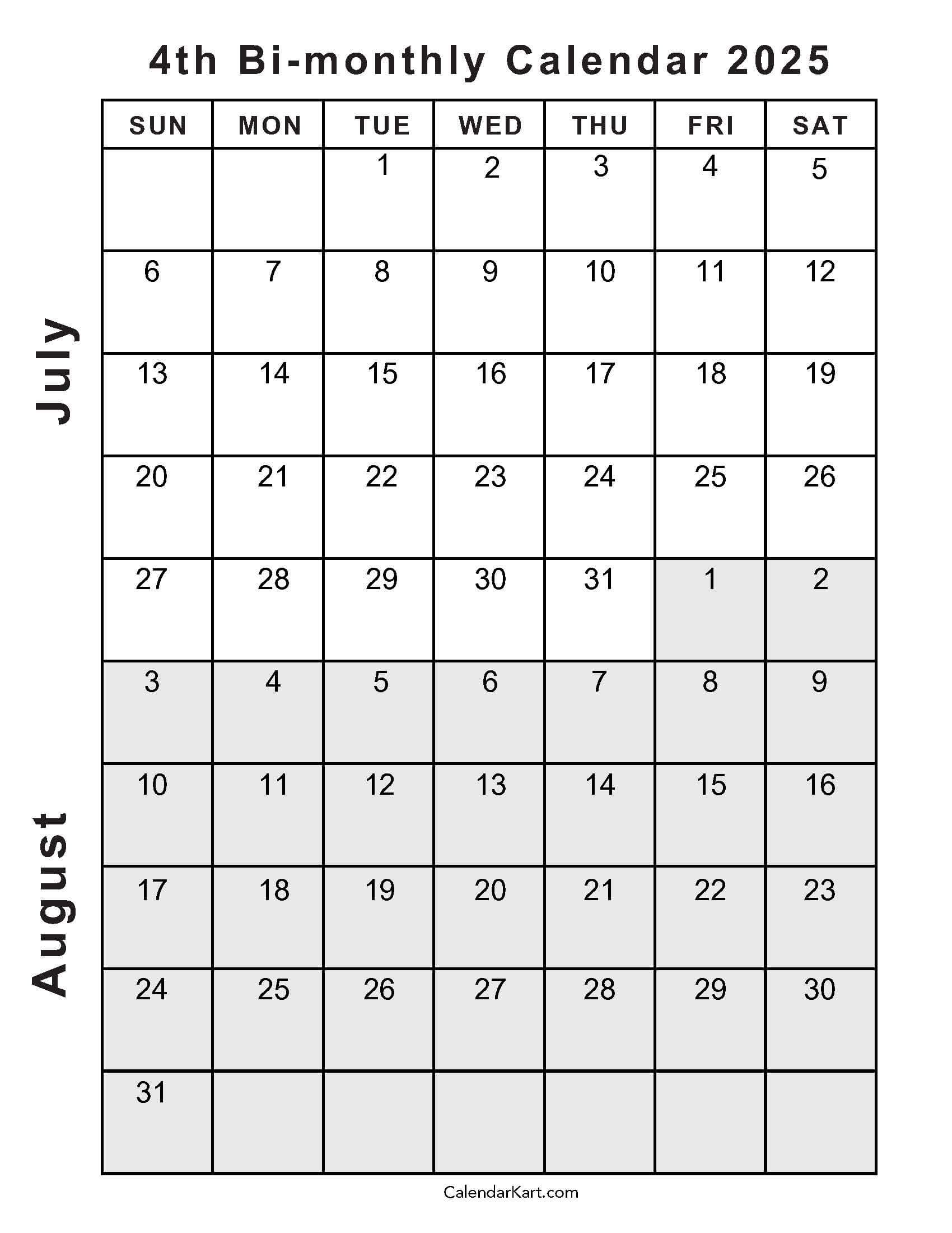 July And August Blank Calendar 2025