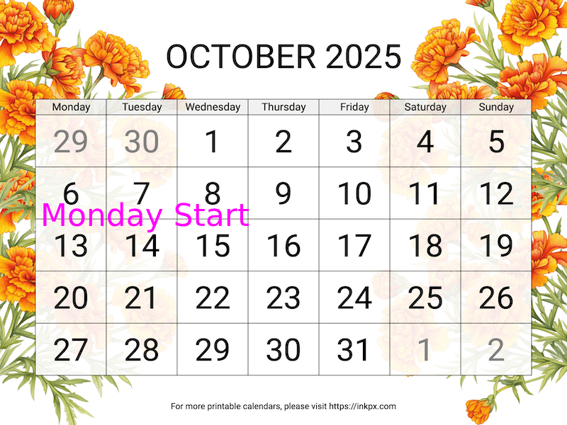 Free Printable Large Marigold October 2025 Calendar Monday Start InkPx