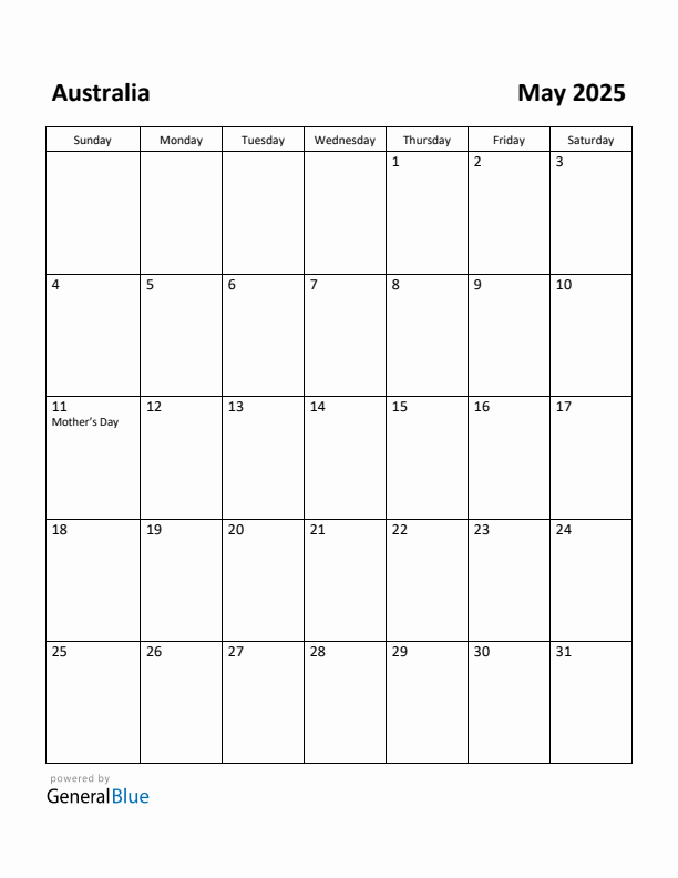 Free Printable May 2025 Calendar For Australia