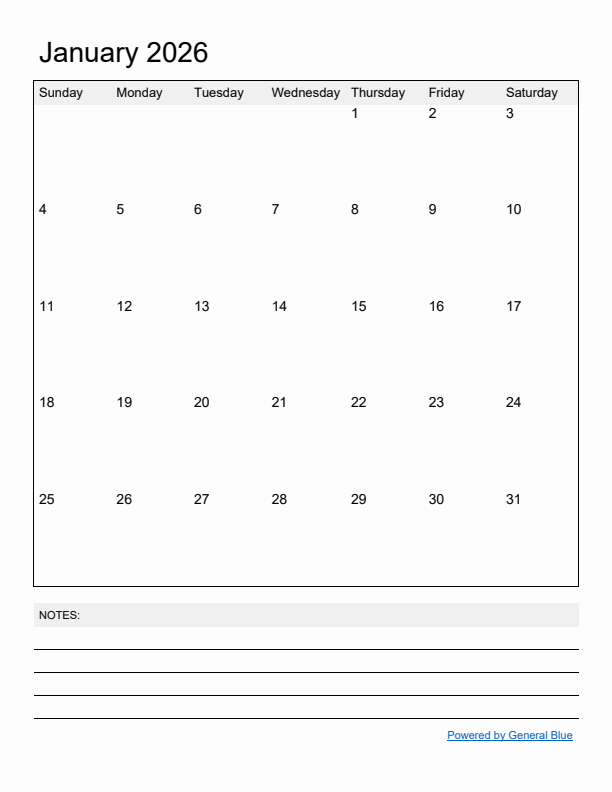 Free Printable Monthly Calendar For January 2026