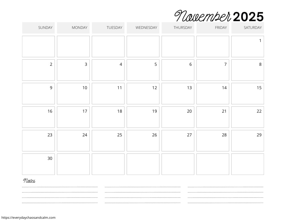 Free Printable November 2025 Calendars