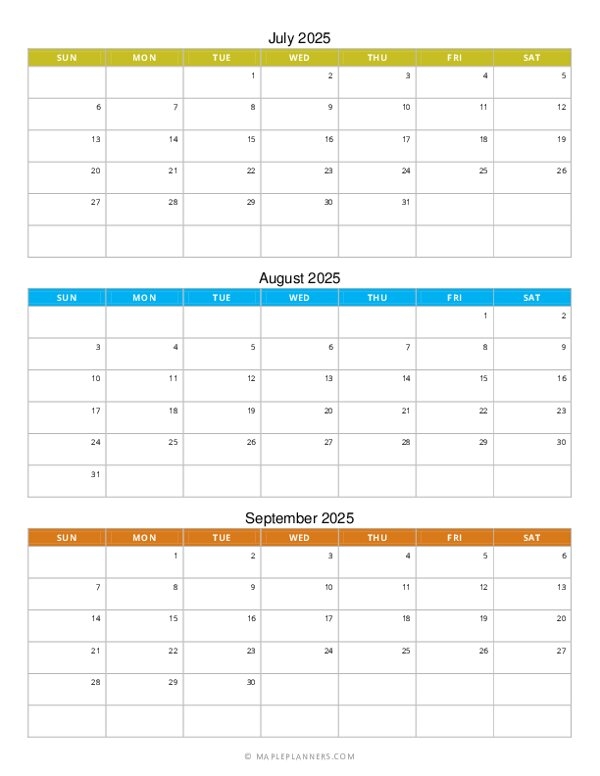 Free Printable Quarterly Monthly Calendar 2025 July To September
