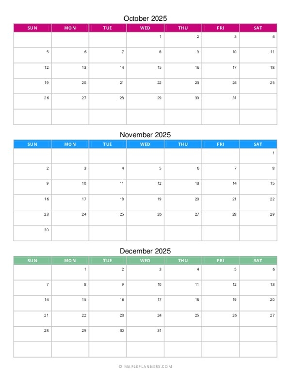 Free Printable Quarterly Monthly Calendar 2025 October To December