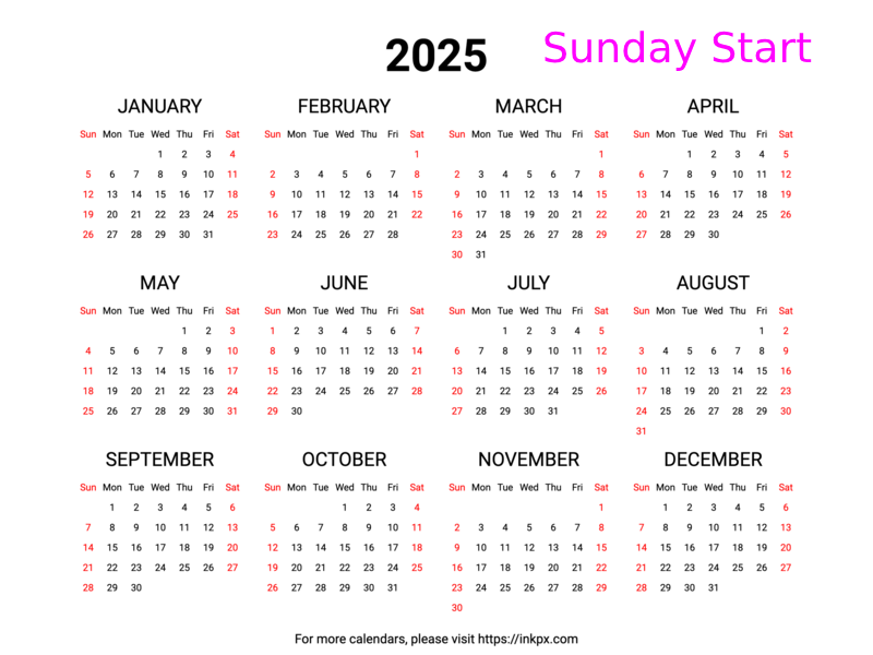 Free Printable Weekend Highlight 2025 Calendar Landscape Sunday 
