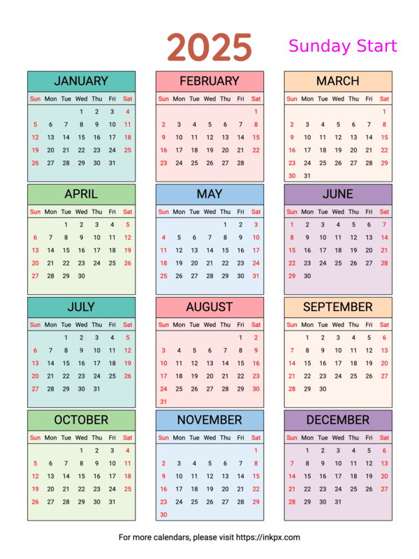Free Printable Weekend Highlight Colorful Table 2025 Calendar 