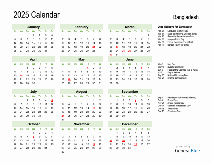 Free Printable 2025 Calendar With Holidays Bangladesh