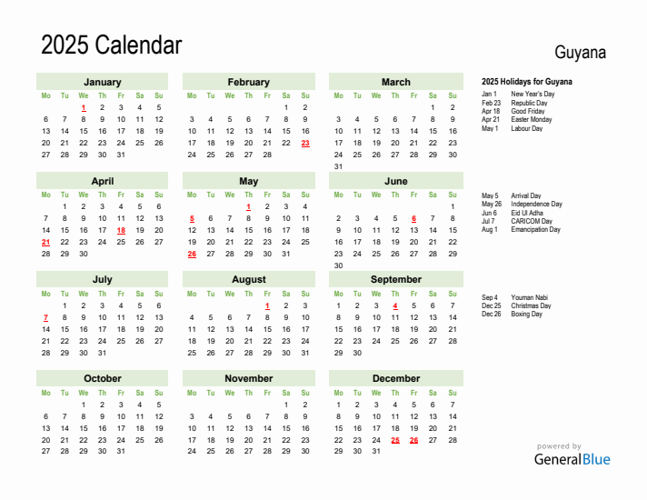 Holiday Calendar 2025 For Guyana Monday Start 