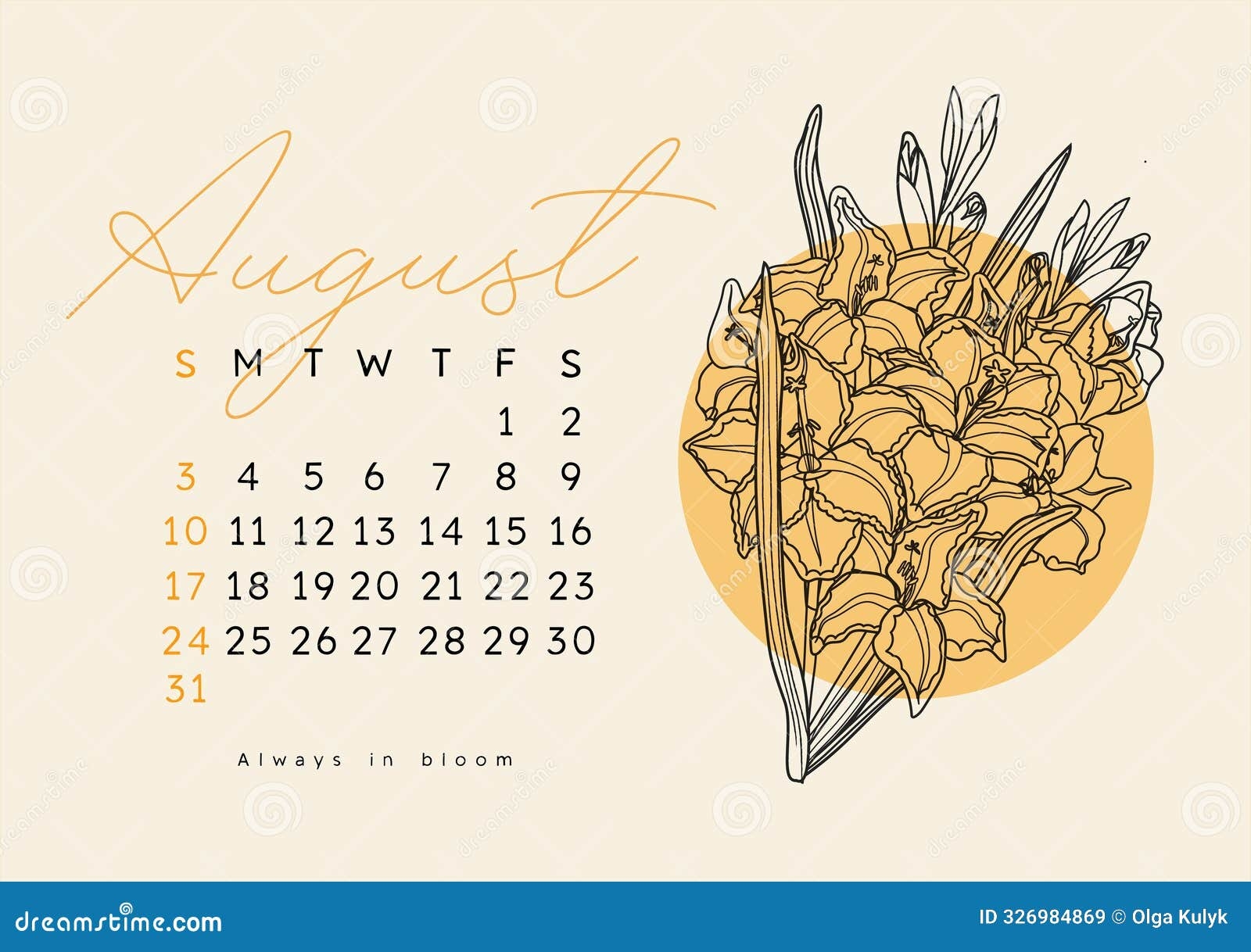 Horizontal Calendar Page For August 2025 With Summer Gladiolus Flower Isolated On Beige Background Week Starts On Sunday Stock Vector Illustration Of Month Beige 326984869
