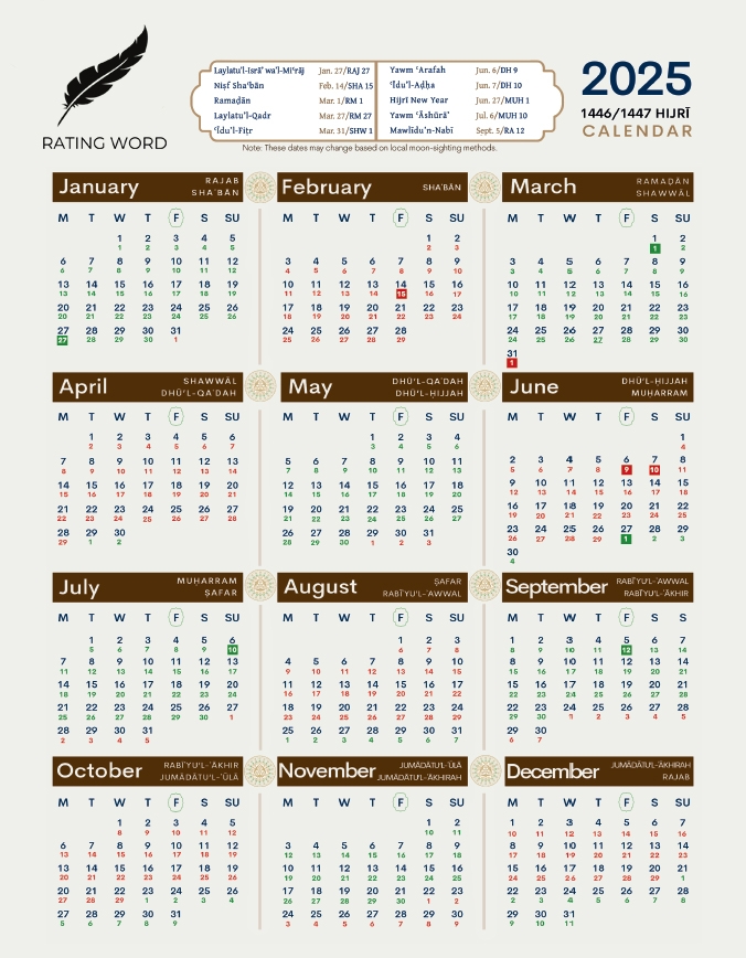 Islamic Calendar 2025 Rating Word