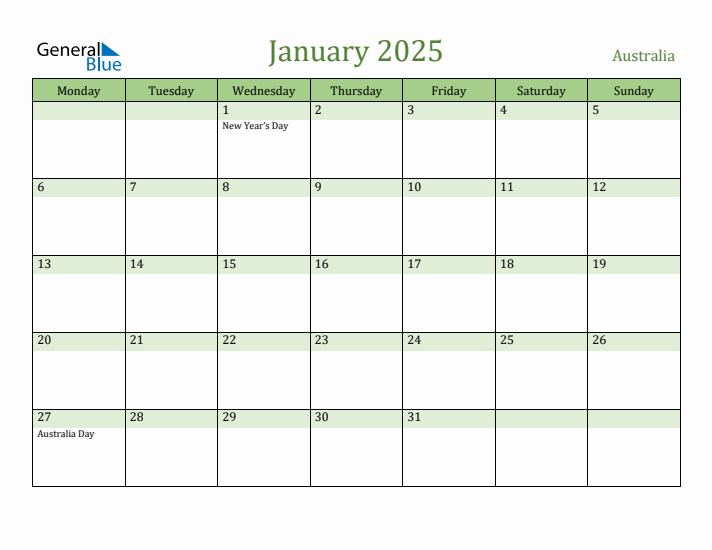 January 2025 Australia Monthly Calendar With Holidays
